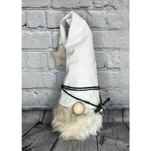 Homemade White Felt Wood Button & Star Green Felt Yarn Silver Bell Sock Gnome